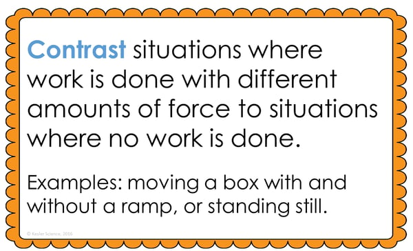 Text reading; “Contrast situations where work is done with different amounts of force to situations where no work is done. Examples: moving a box with and without a ramp, or standing still."