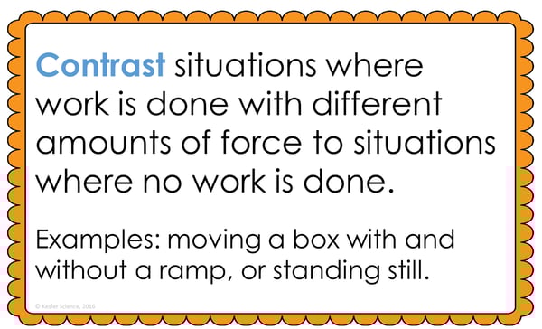 Text reading; “Contrast situations where work is done with different amounts of force to situations where no work is done. Examples: moving a box with and without a ramp, or standing still." Text reading; “Contrast situations where work is done with different amounts of force to situations where no work is done. Examples: moving a box with and without a ramp, or standing still."
