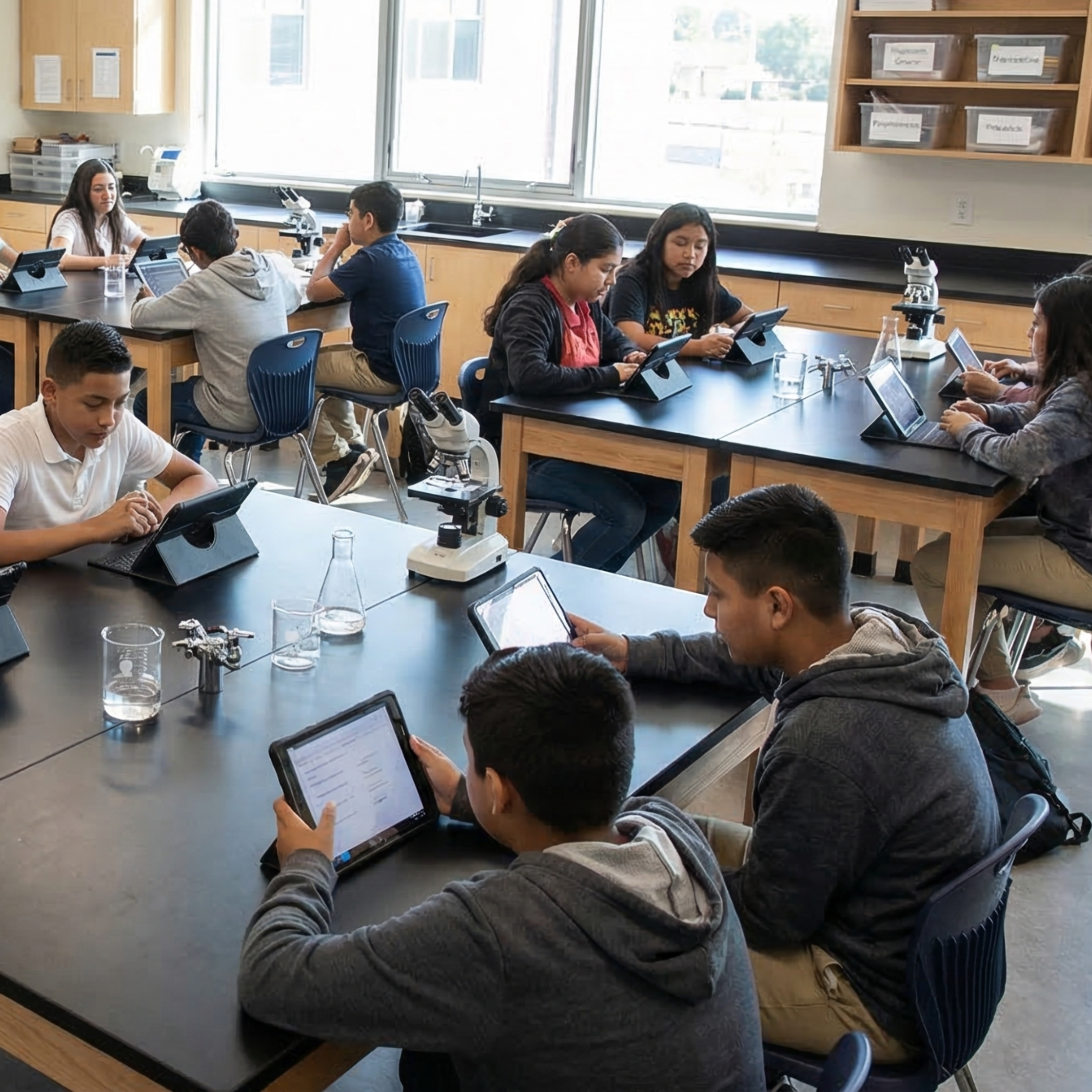 Students working in science classroom