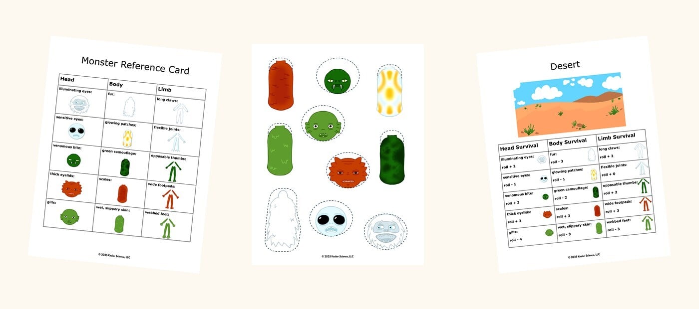 Monster Mix and Match reference card, monster parts and a biome card
