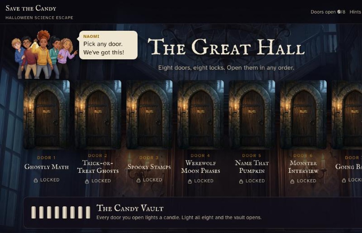 The Great Hall in Save the Candy, with eight locked doors and the candy vault