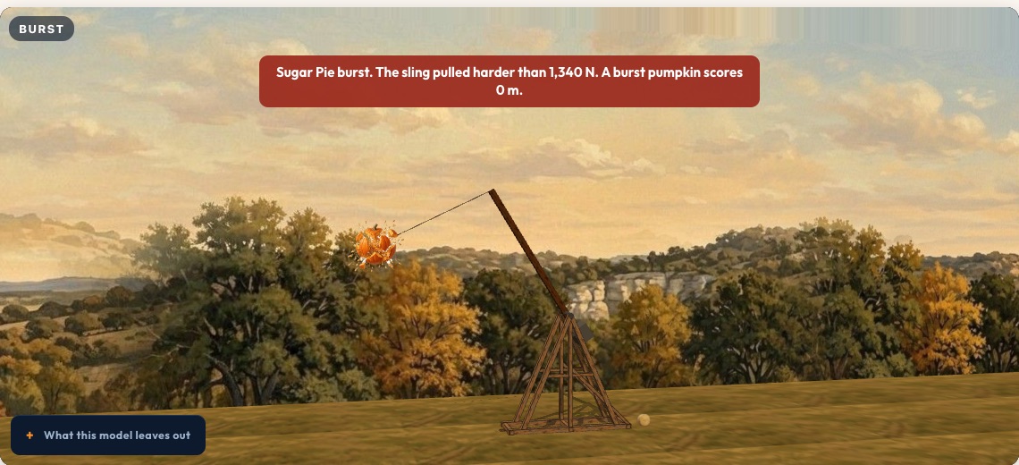 A pumpkin bursting as it leaves a trebuchet in the Pumpkin Chunk-Off lab