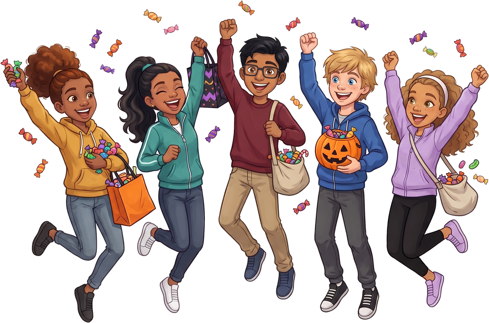 Naomi, Sofía, Arjun, Henry and Simone cheering with bags of candy