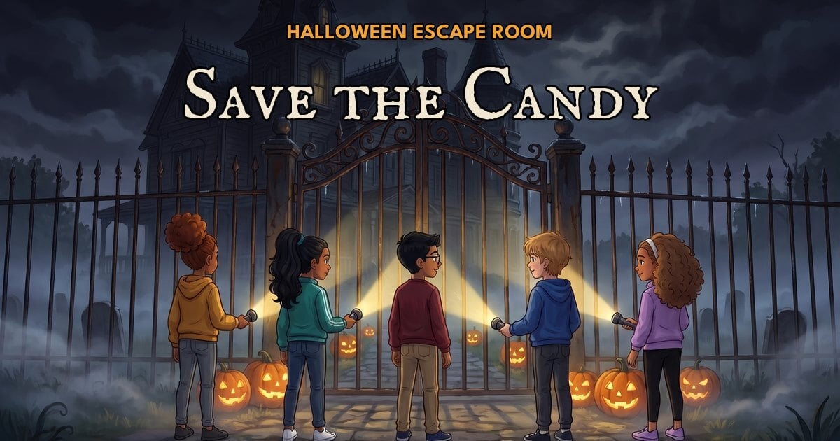 Five students with flashlights at the gate of a haunted manor, from the Save the Candy escape room