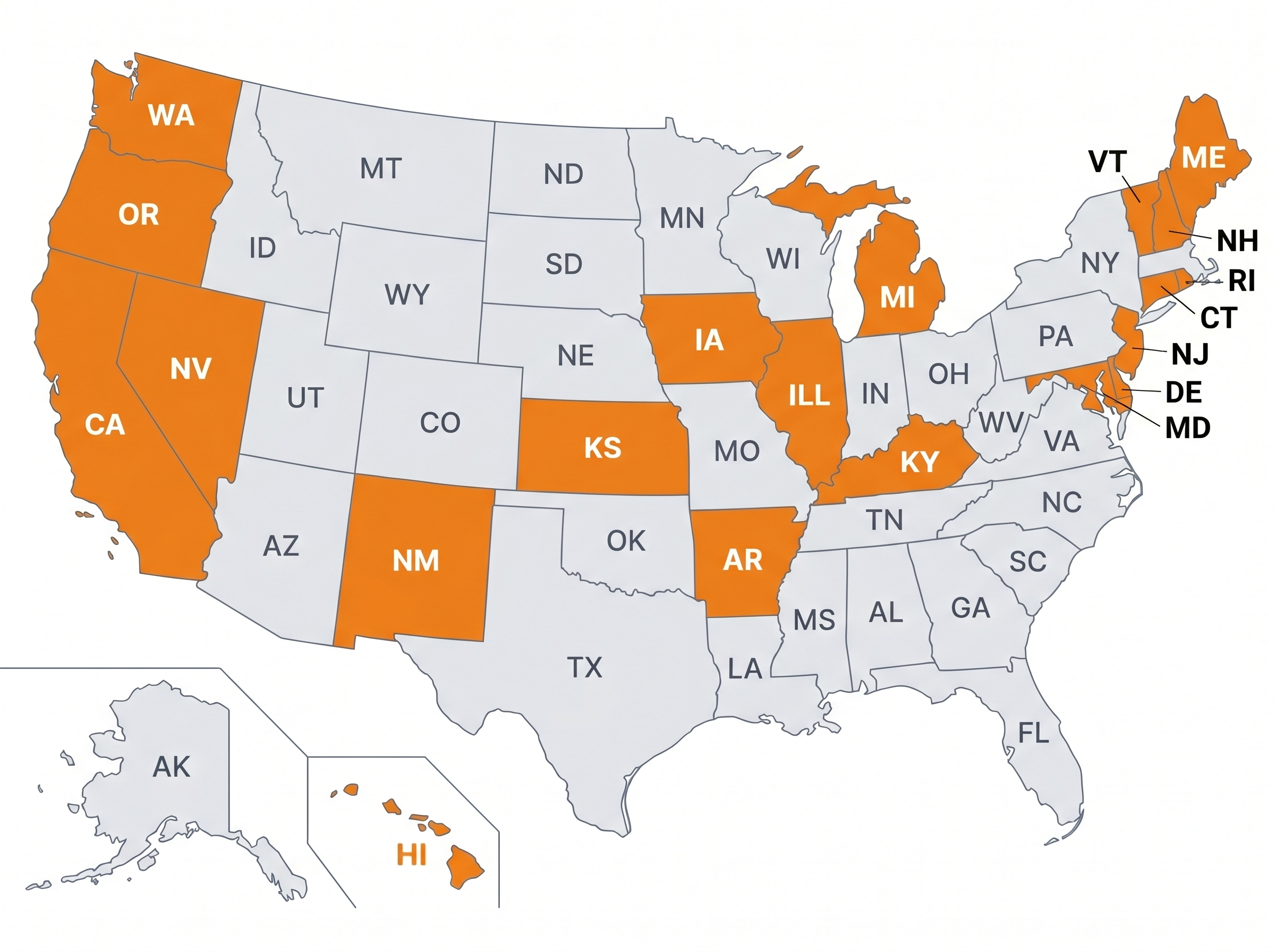 Map of the United States with the 20 NGSS-adopted states highlighted in orange