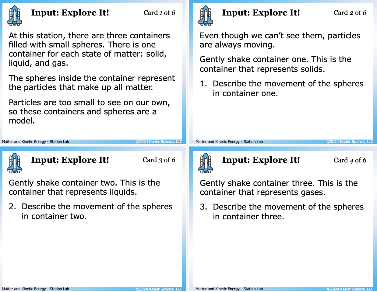 Sample task cards from the Matter and Kinetic Energy Station Lab — 6th grade chemistry, TEKS 6.6A