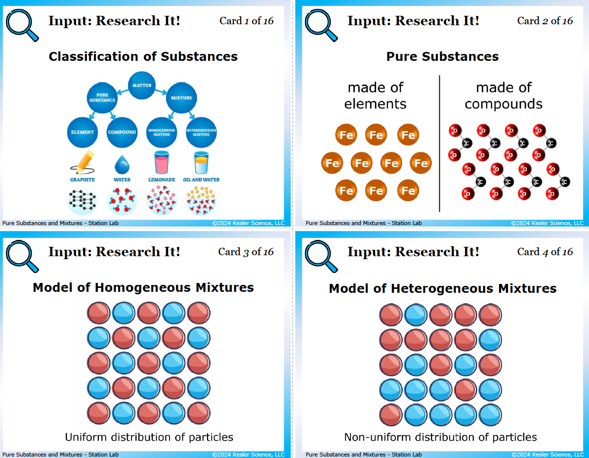 Sample task cards from the Pure Substances and Mixtures Station Lab — 6th grade chemistry, TEKS 6.6B