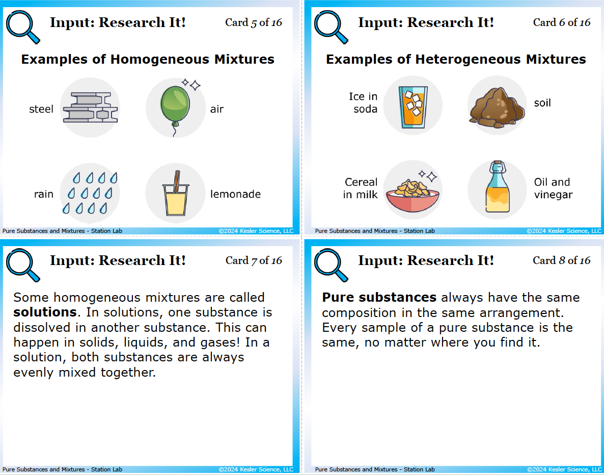 Pure Substances and Mixtures Station Lab hands-on activity for TEKS 6.6B — 6th grade chemistry