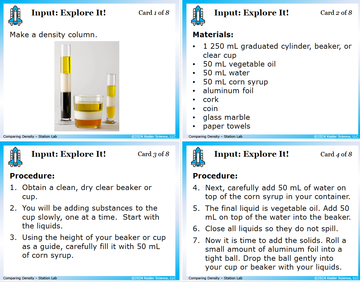 Inside the Comparing Density Station Lab printed download — 6th grade chemistry, TEKS 6.6D