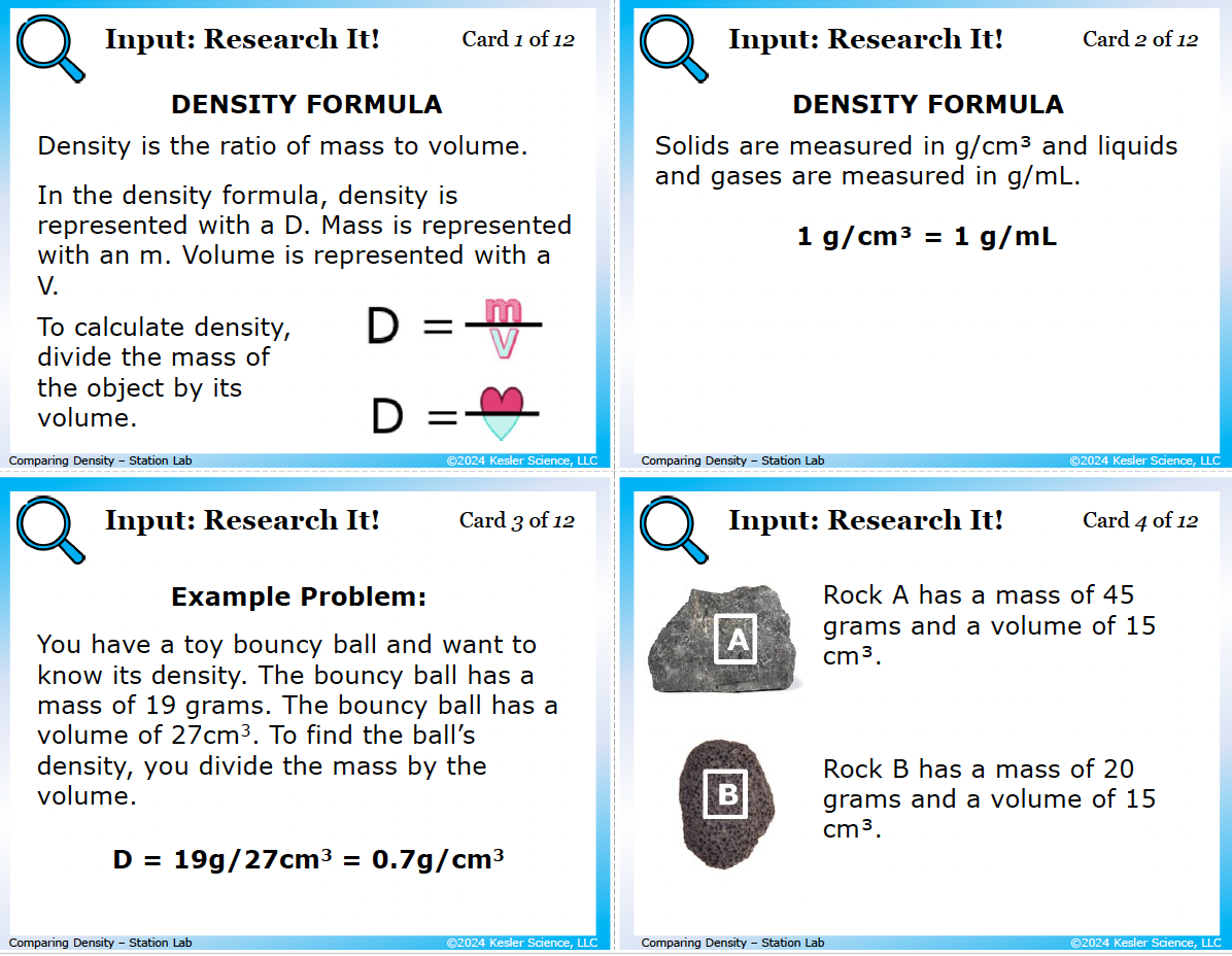 Sample task cards from the Comparing Density Station Lab — 6th grade chemistry, TEKS 6.6D