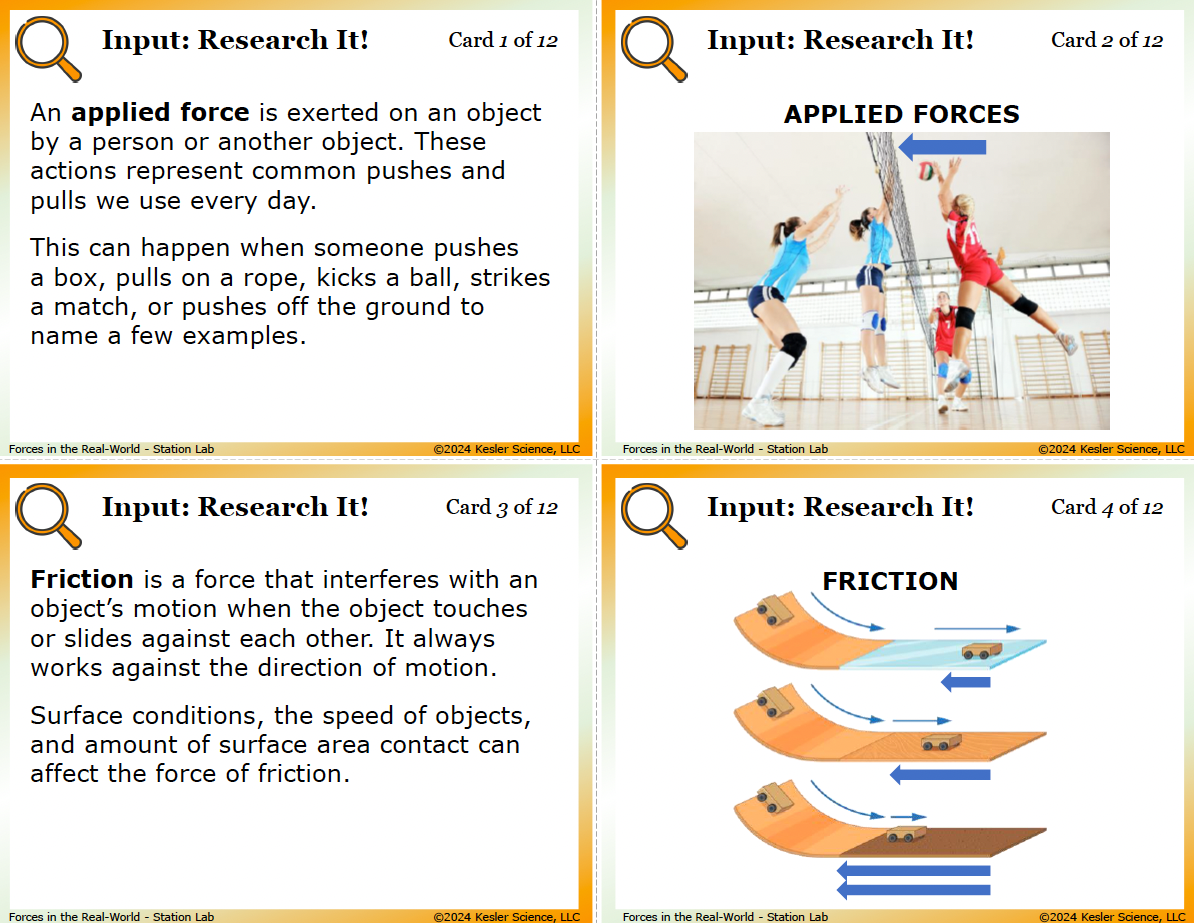 Inside the Forces in the Real World Station Lab printed download — 6th grade physical science, TEKS 6.7A
