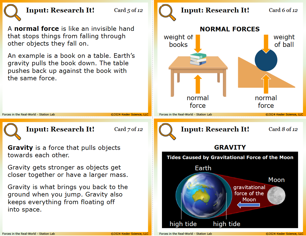 Sample task cards from the Forces in the Real World Station Lab — 6th grade physical science, TEKS 6.7A
