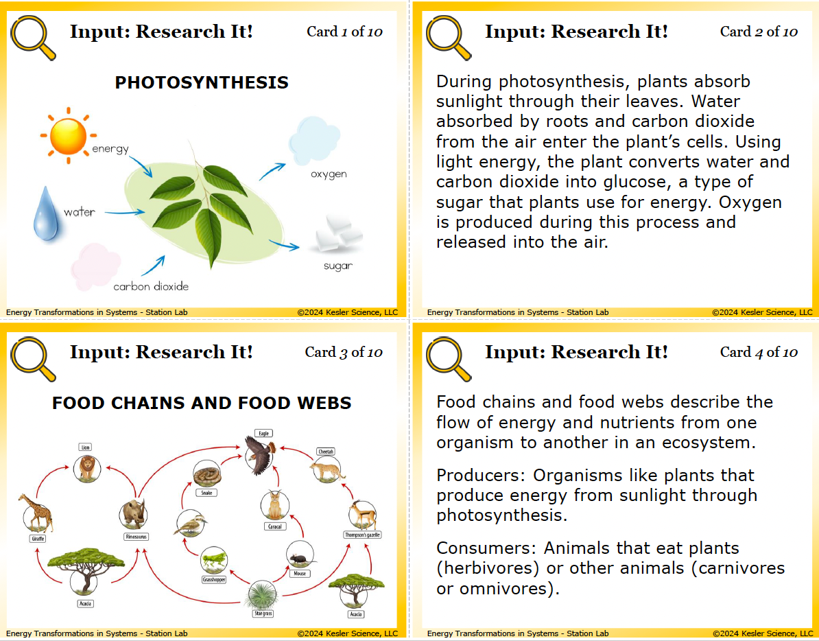 Sample task cards from the Energy Transformations Station Lab — 6th grade physical science, TEKS 6.8B