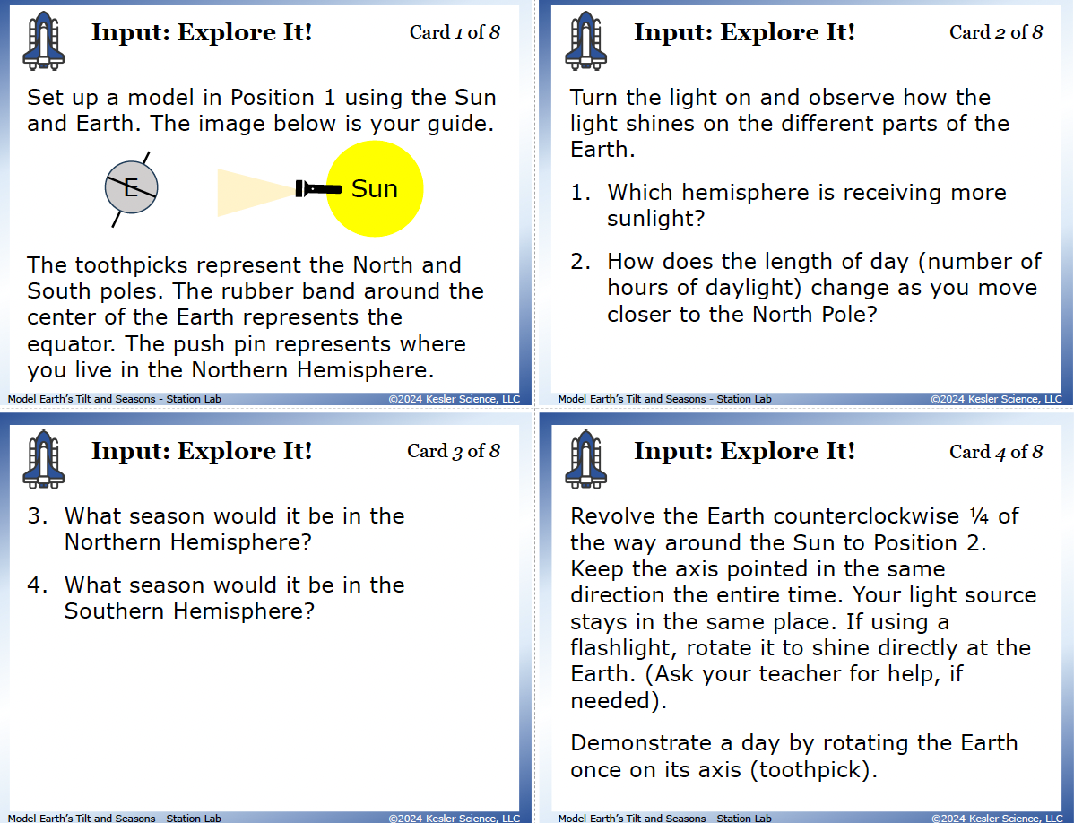 Sample task cards from the Earth's Tilt and Seasons Station Lab — 6th grade space science, TEKS 6.9A