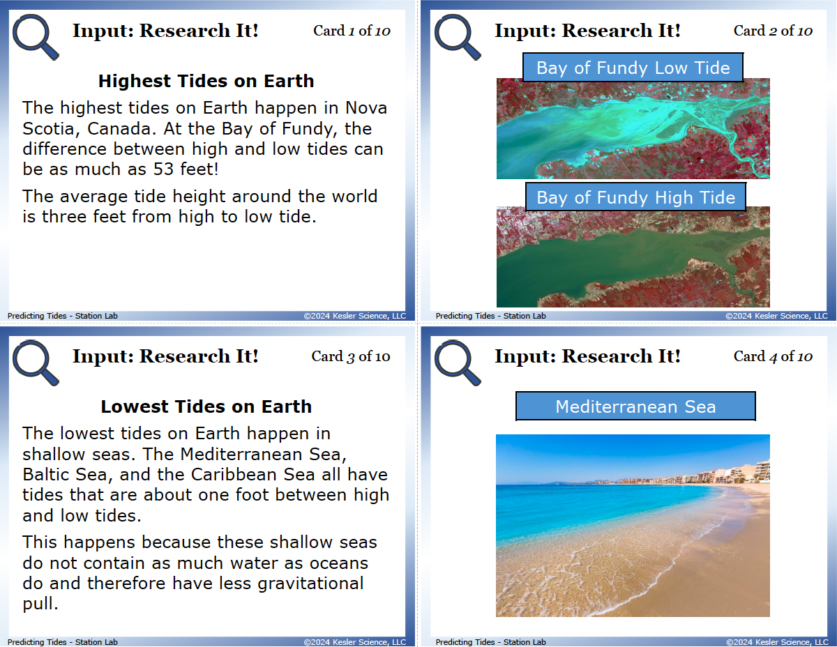 Sample task cards from the Predicting Tides Station Lab — 6th grade space science, TEKS 6.9B