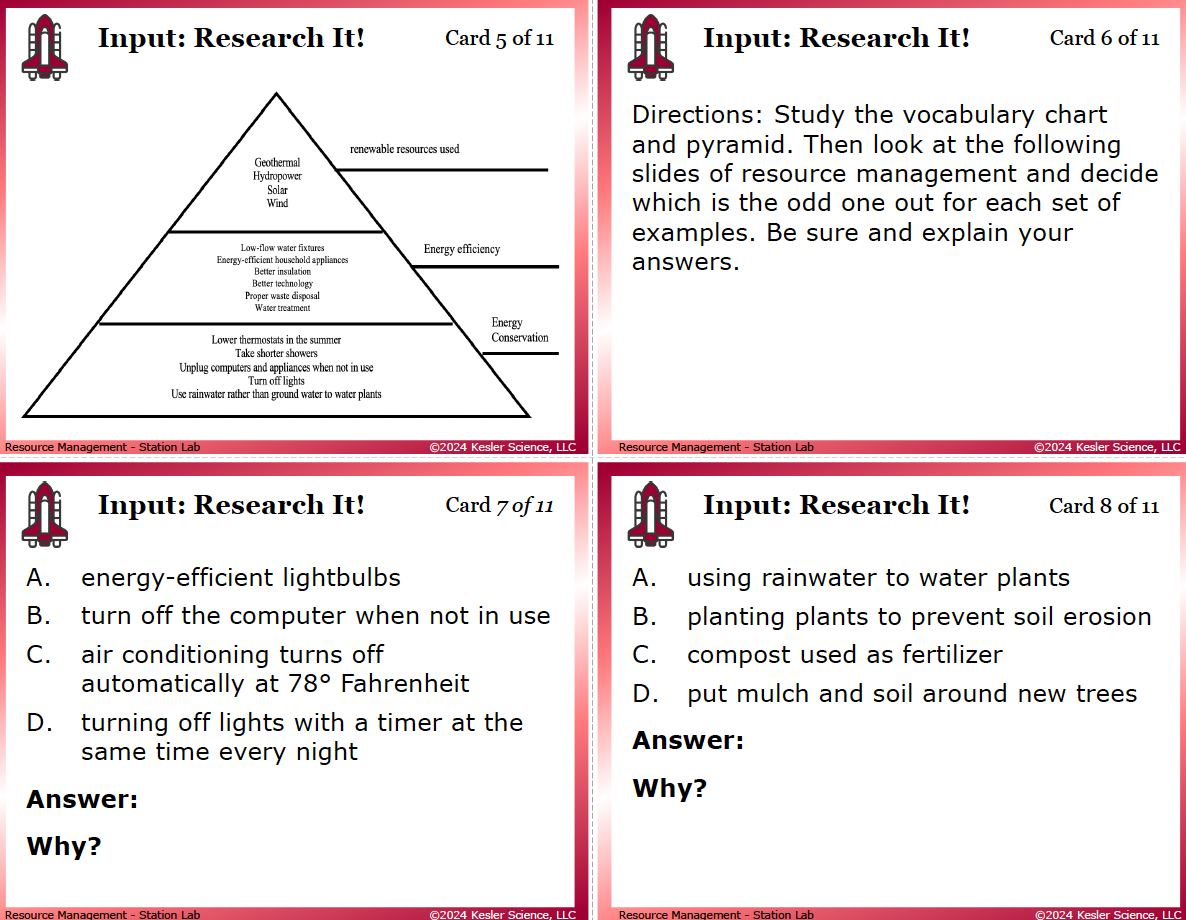 Sample task cards from the Resource Management Station Lab — 6th grade Earth science, TEKS 6.11A