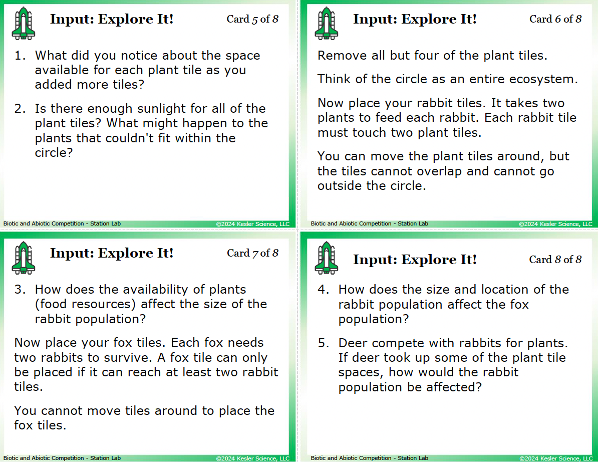 Sample task cards from the Biotic and Abiotic Factors Station Lab — 6th grade life science, TEKS 6.12A
