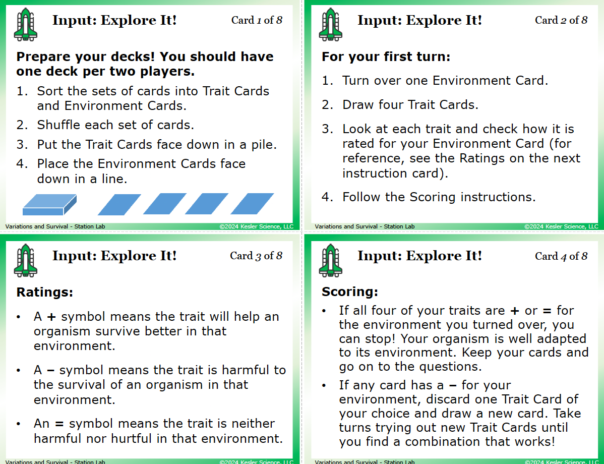 Sample task cards from the Variations and Survival Station Lab — 6th grade life science, TEKS 6.13C