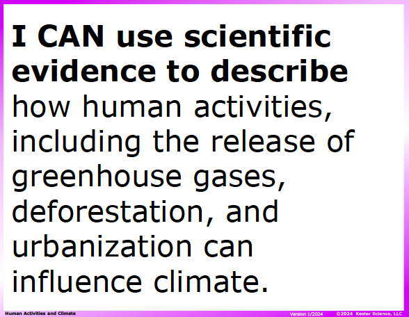I CAN statement and key vocabulary for the human activities and climate lesson
