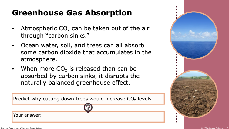 greenhouse gas absorption by carbon sinks like ocean water, soil, and trees in the natural events and climate lesson