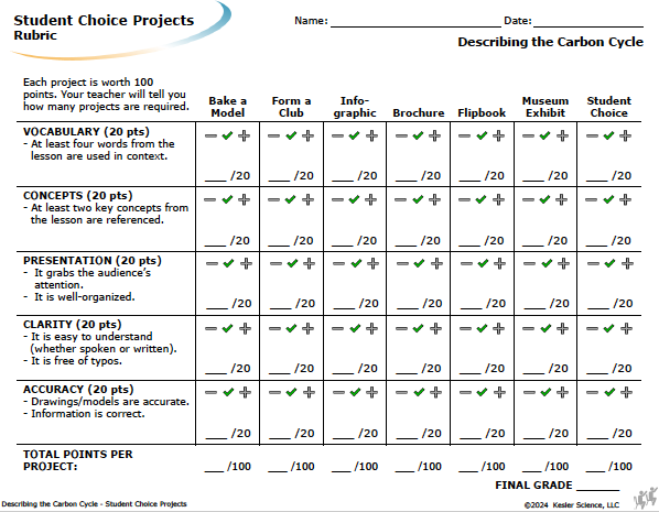 Student choice project options and rubric for the describing the carbon cycle lesson