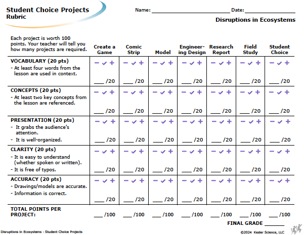 Student choice project options and rubric for the disruptions in ecosystems lesson