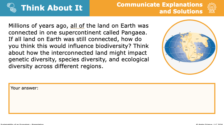 Think About It prompt on how Pangaea would influence biodiversity across regions