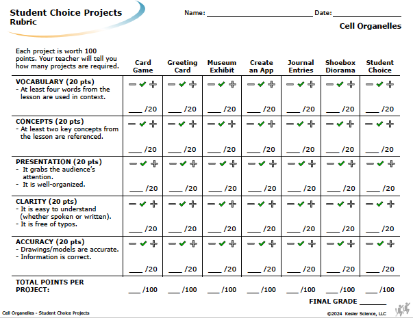 Student choice project options and rubric for the cell organelles lesson