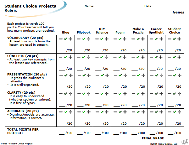 Student choice project options and rubric for the genes lesson