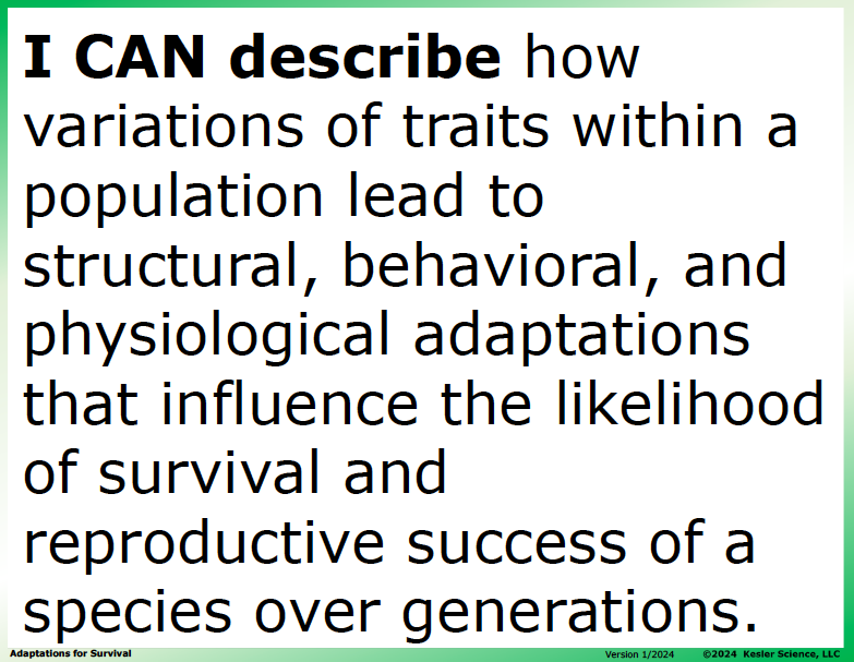 I CAN statement and key vocabulary for the adaptations for survival lesson