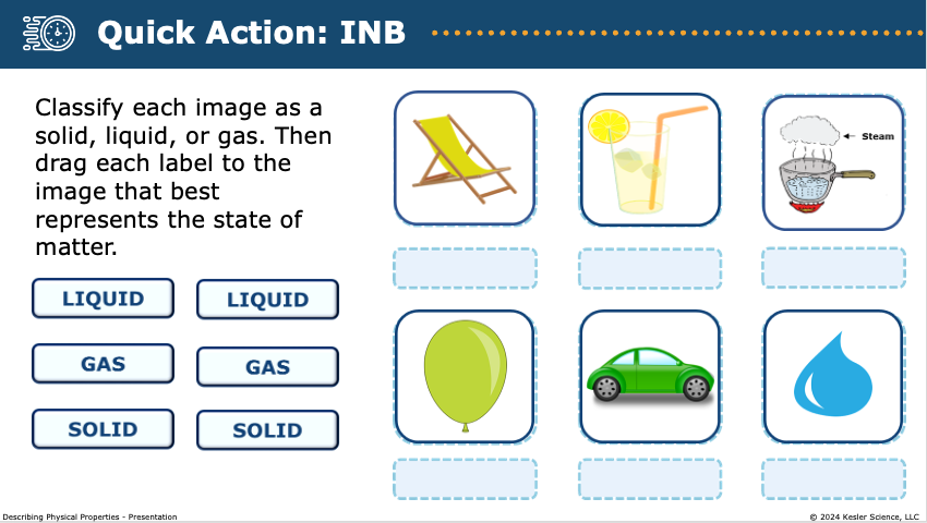 INB activity classifying everyday objects as solid, liquid, or gas to learn states of matter