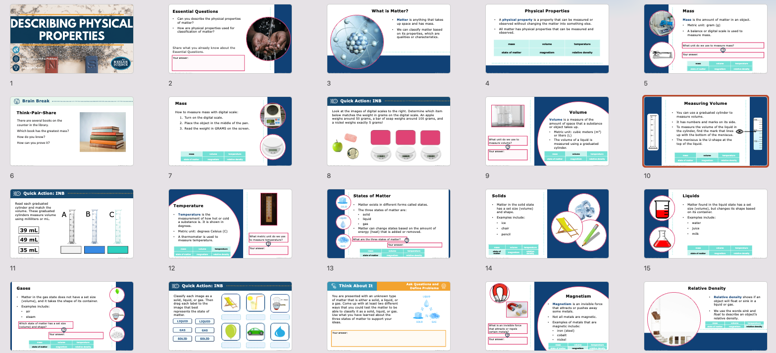 overview of describing physical properties lesson slides covering mass, volume, and states of matter