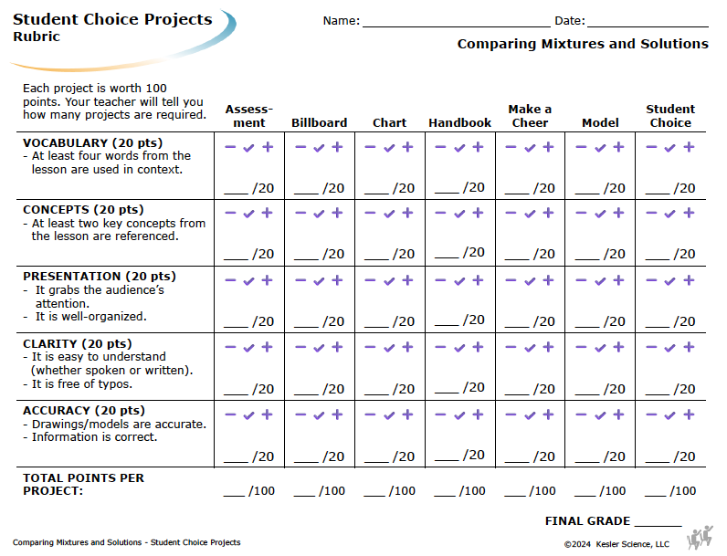 Student choice project options and rubric for the comparing mixtures and solutions lesson