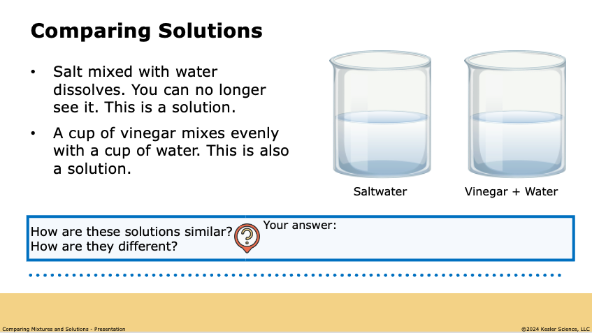 comparing solutions using saltwater and vinegar plus water examples