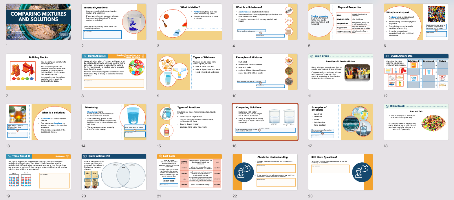presentation overview slides for the comparing mixtures and solutions lesson