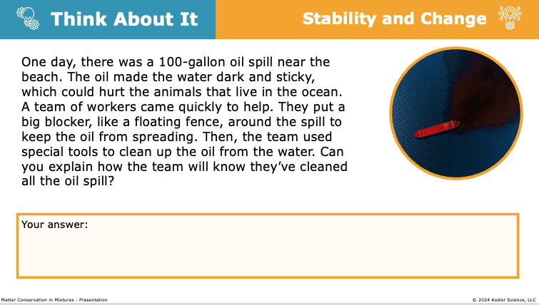 think about it activity analyzing matter conservation during an ocean oil spill cleanup