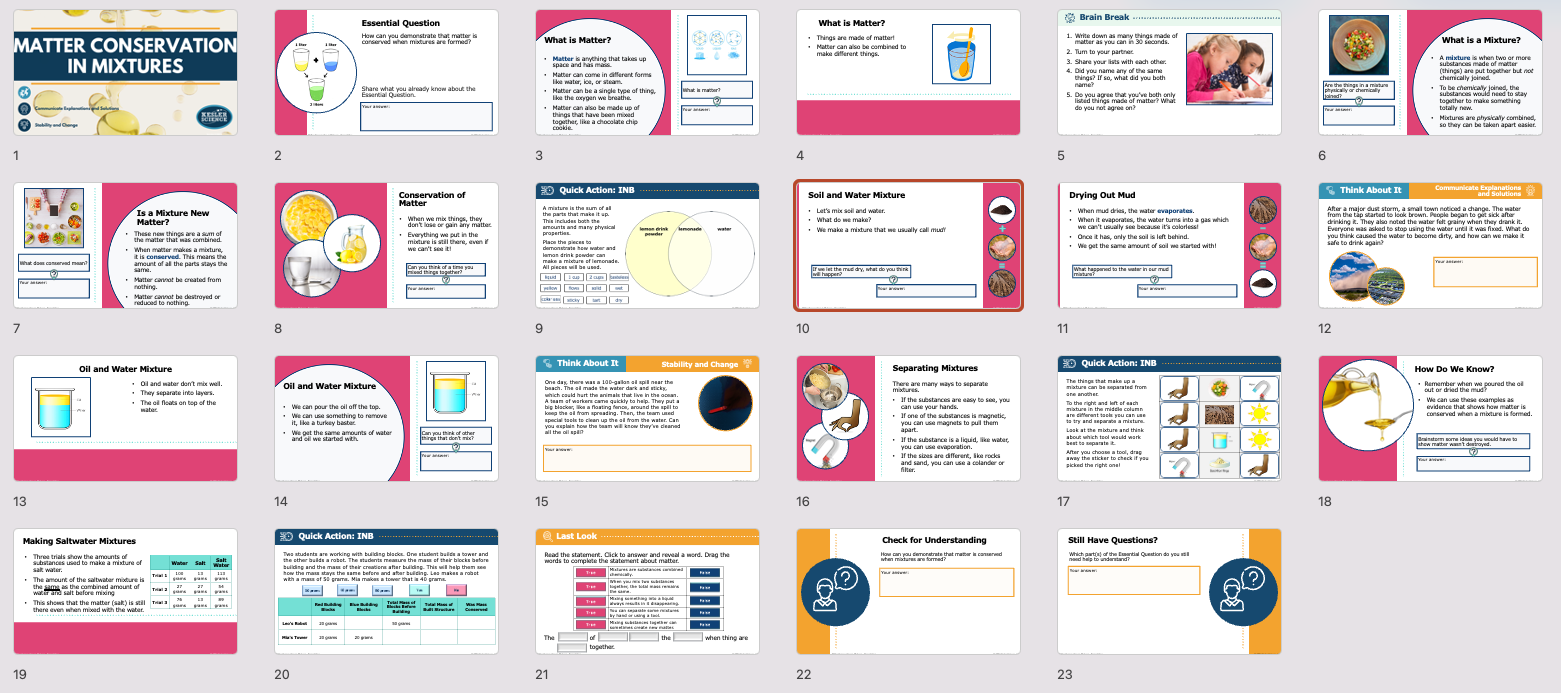 matter conservation in mixtures lesson presentation overview with title slide and content slides