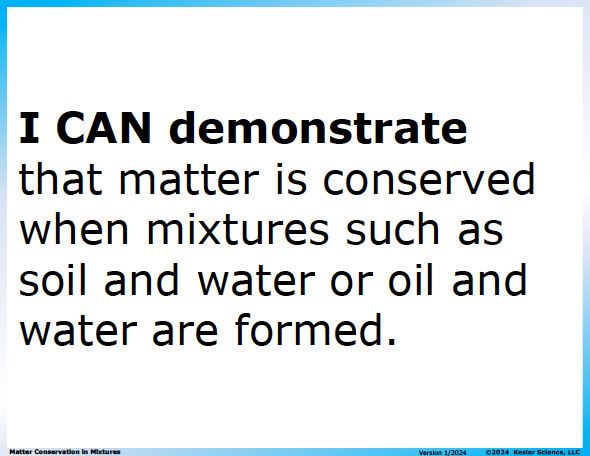 I CAN statement and key vocabulary for the matter conservation in mixtures lesson