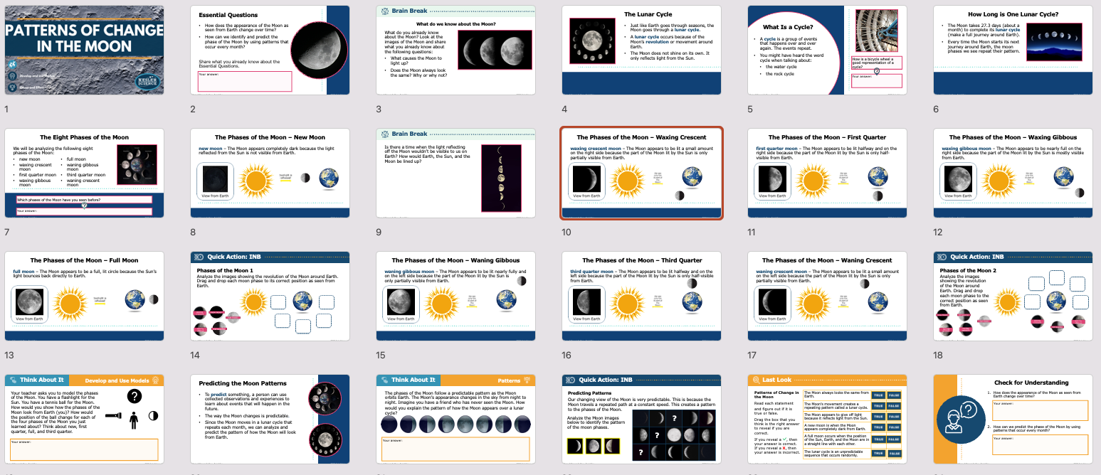 moon phases lesson presentation overview with title slide and content slides