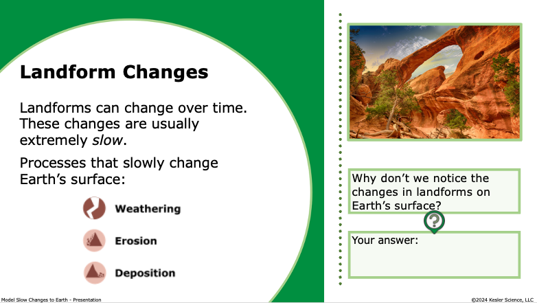 weathering, erosion, and deposition as slow processes that change landforms
