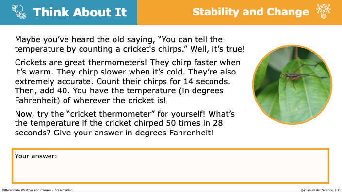 Think About It using the cricket chirp formula to calculate temperature