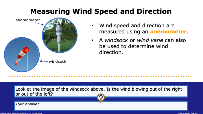 measuring wind speed with an anemometer and wind direction with a windsock