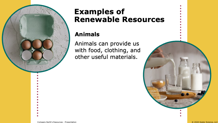 examples of renewable resources featuring animals that provide food, clothing, and materials