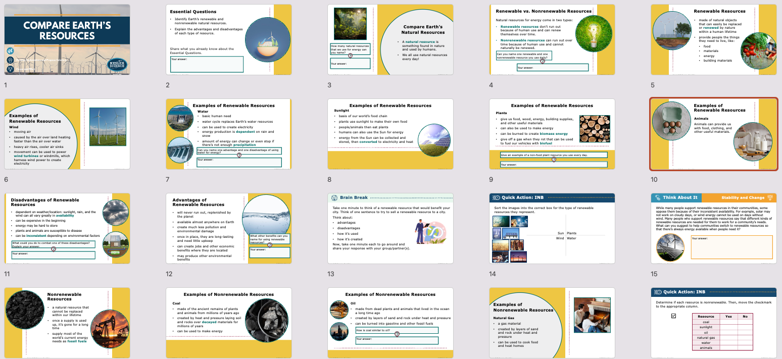 overview of the compare Earth's resources lesson covering renewable and nonrenewable resources