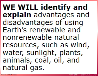 I CAN statement and key vocabulary for the compare earth's resources lesson
