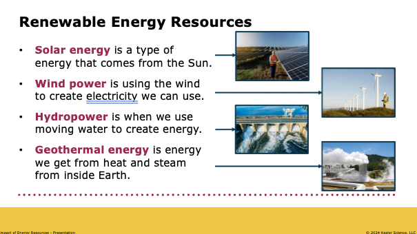 renewable energy resources: solar, wind, hydropower, and geothermal