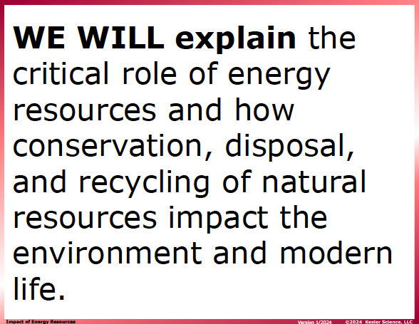 I CAN statement and key vocabulary for the impact of energy resources lesson