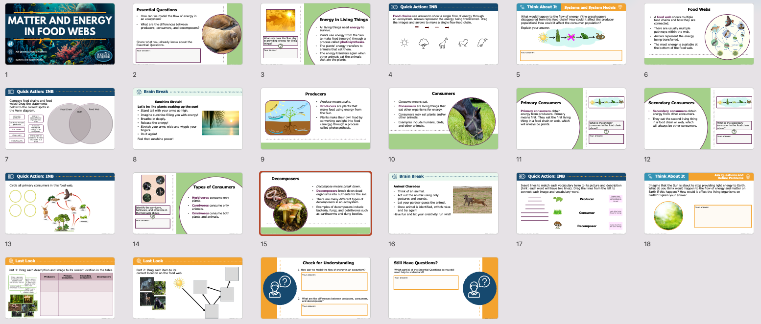 matter and energy in food webs lesson presentation overview with title slide and content slides