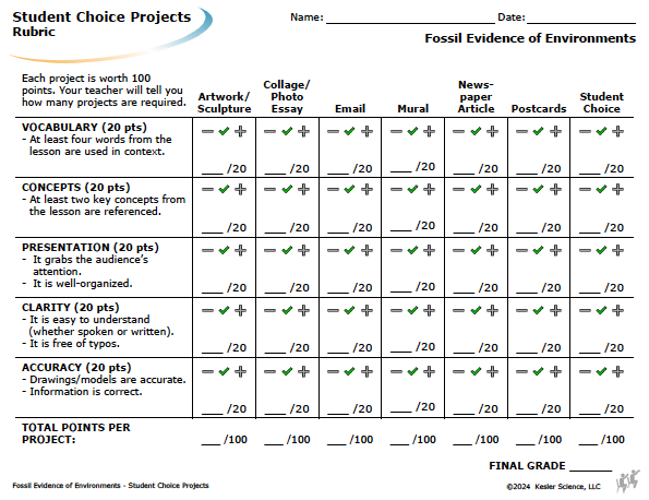 Student choice project options and rubric for the fossil evidence of environments lesson