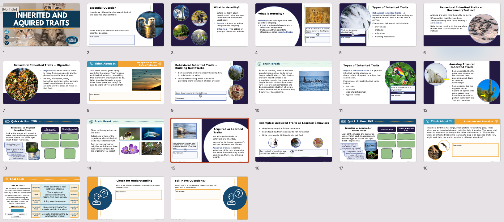 overview of inherited and acquired traits lesson slides covering examples in plants and animals